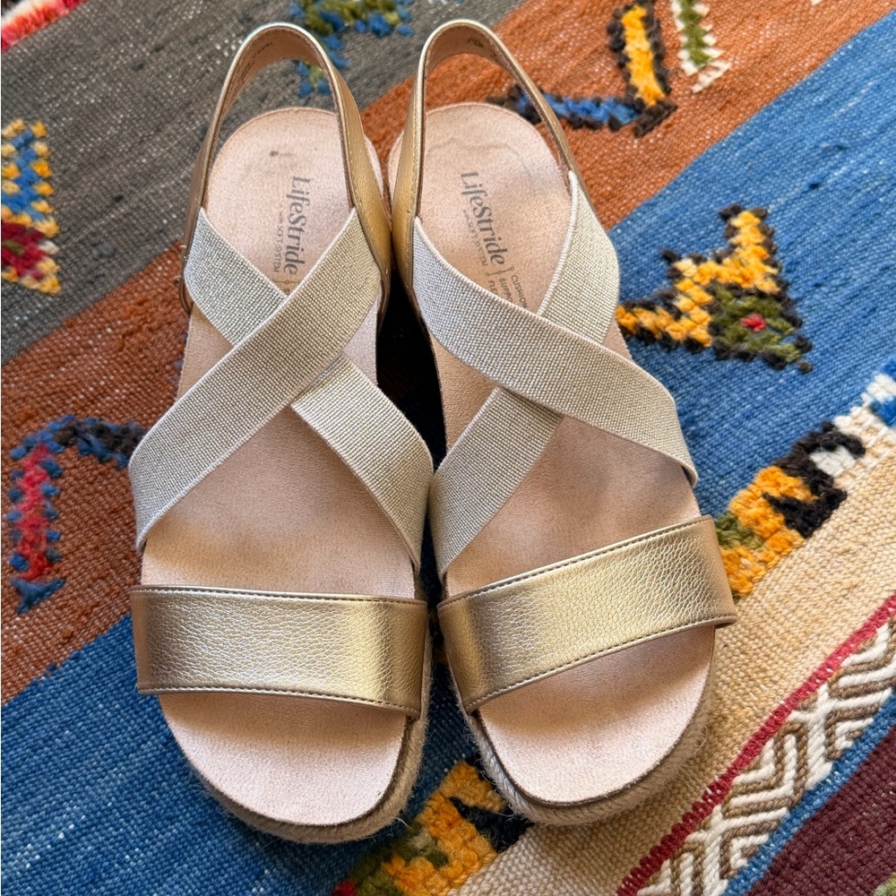 Life Stride Metallic Gold and Beige Crisscross Slingback Sandals
